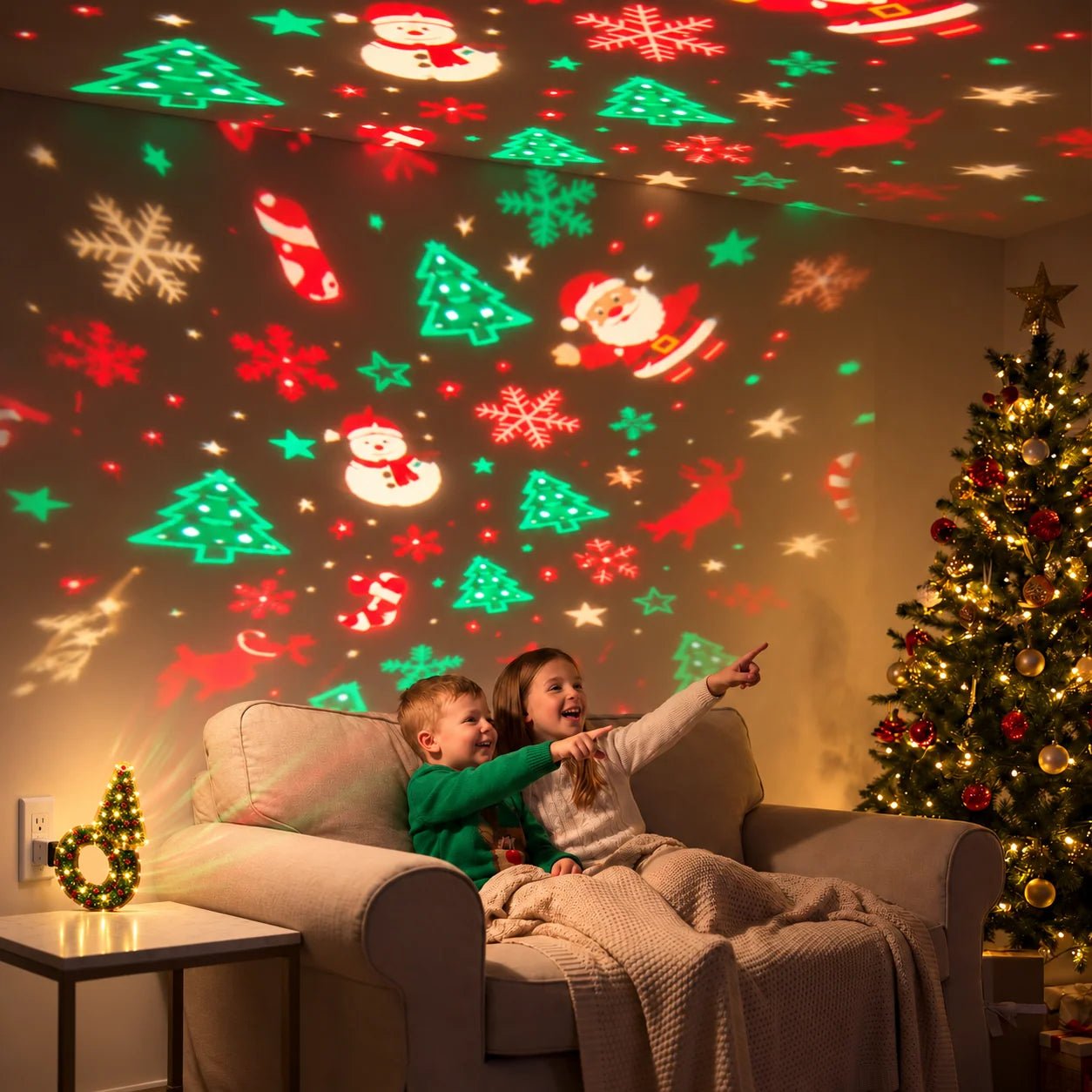 Christmas Tree Projector Lamp showcasing a vibrant festive light display, perfect for indoor holiday decor, powered by USB for easy use. 0