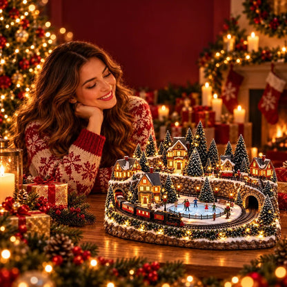 Christmas Village Scene featuring a charming train and a lively skating rink, beautifully illuminated for festive holiday decor. 3