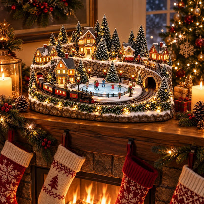 Christmas Village Scene featuring a charming train and a lively skating rink, beautifully illuminated for festive holiday decor. 1