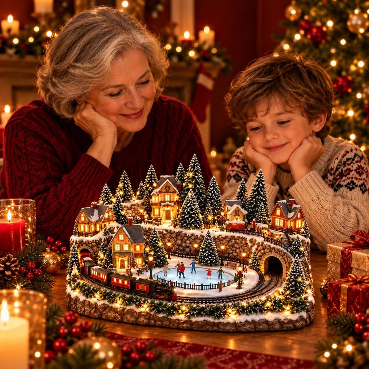 Christmas Village Scene featuring a charming train and a lively skating rink, beautifully illuminated for festive holiday decor. 2