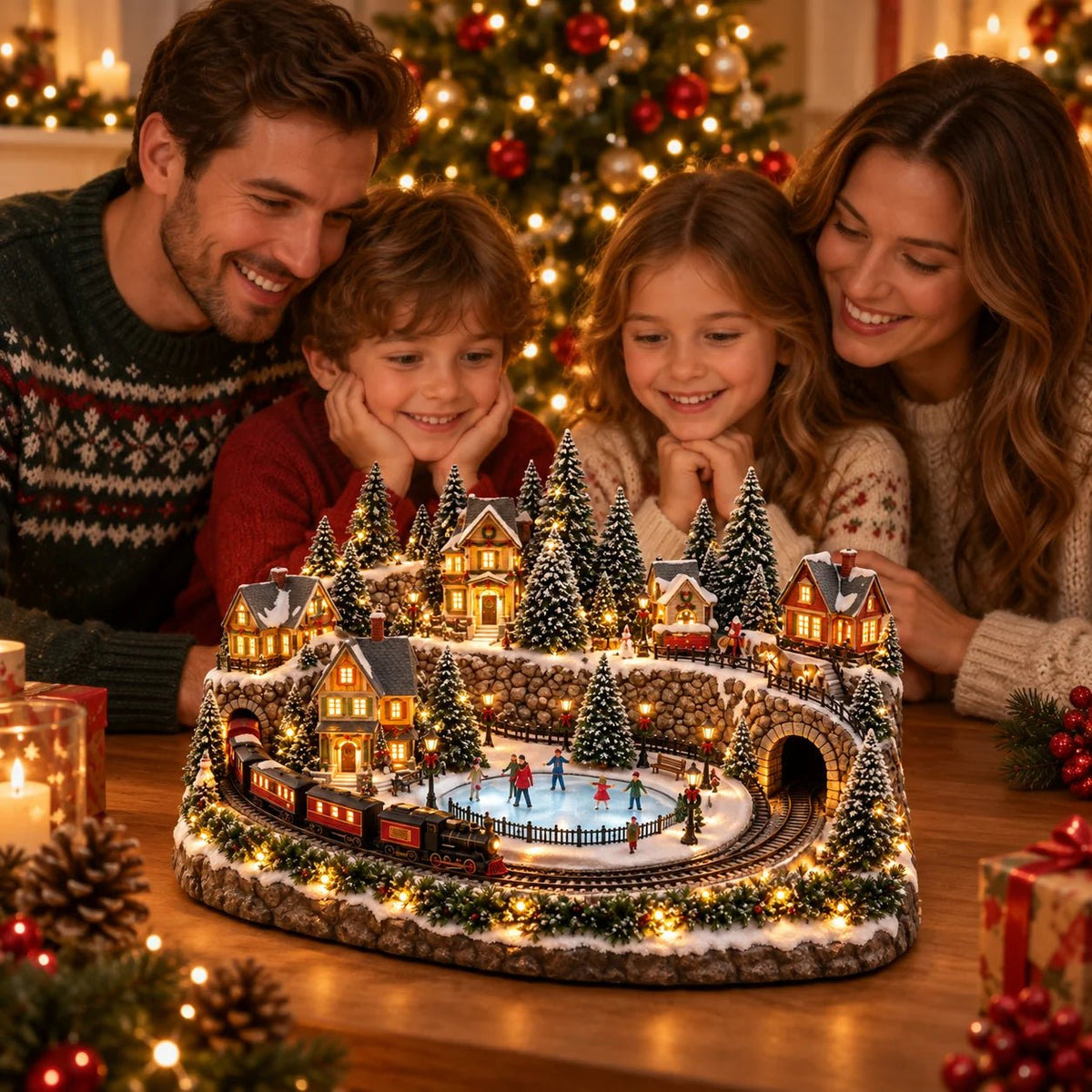Christmas Village Scene featuring a charming train and a lively skating rink, beautifully illuminated for festive holiday decor. 0