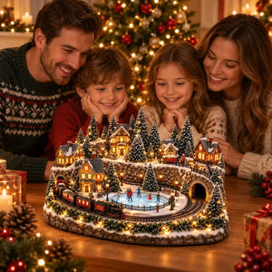 Christmas Village Scene featuring a charming train and a lively skating rink, beautifully illuminated for festive holiday decor. 0