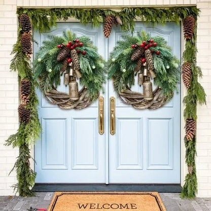 Christmas wreath featuring pinecones and golden bells, perfect for rustic farmhouse holiday door decor, measuring 43.18cm in diameter. 1