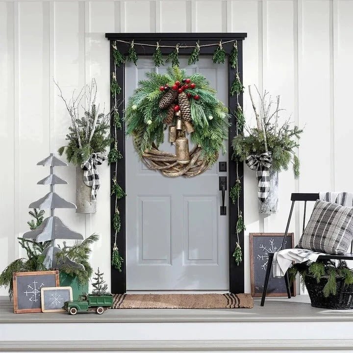 Christmas wreath featuring pinecones and golden bells, perfect for rustic farmhouse holiday door decor, measuring 43.18cm in diameter. 3