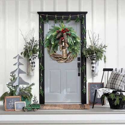Christmas wreath featuring pinecones and golden bells, perfect for rustic farmhouse holiday door decor, measuring 43.18cm in diameter. 3