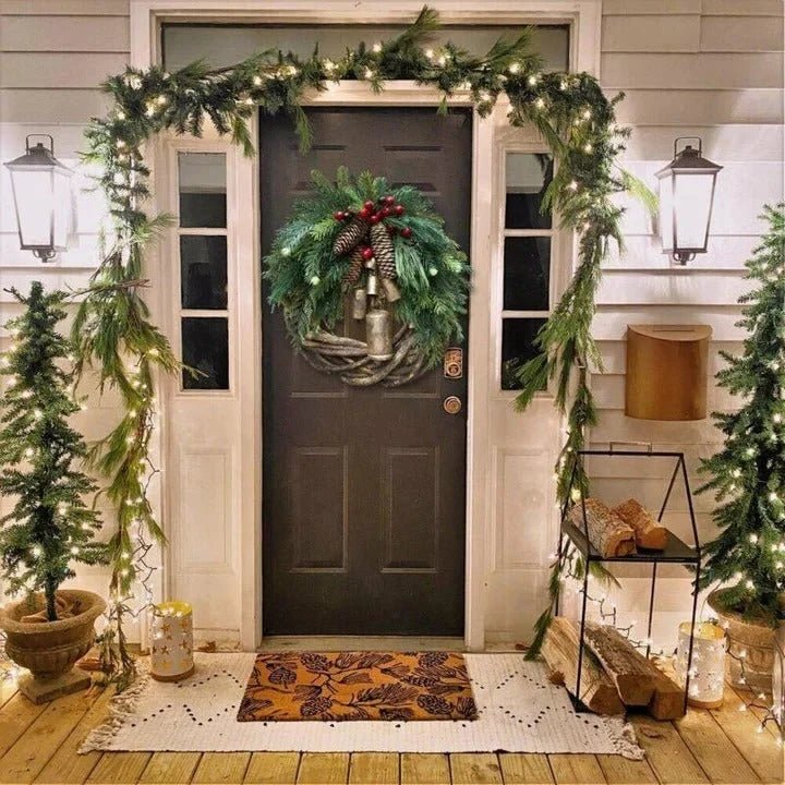 Christmas wreath featuring pinecones and golden bells, perfect for rustic farmhouse holiday door decor, measuring 43.18cm in diameter. 2