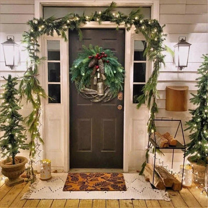 Christmas wreath featuring pinecones and golden bells, perfect for rustic farmhouse holiday door decor, measuring 43.18cm in diameter. 2