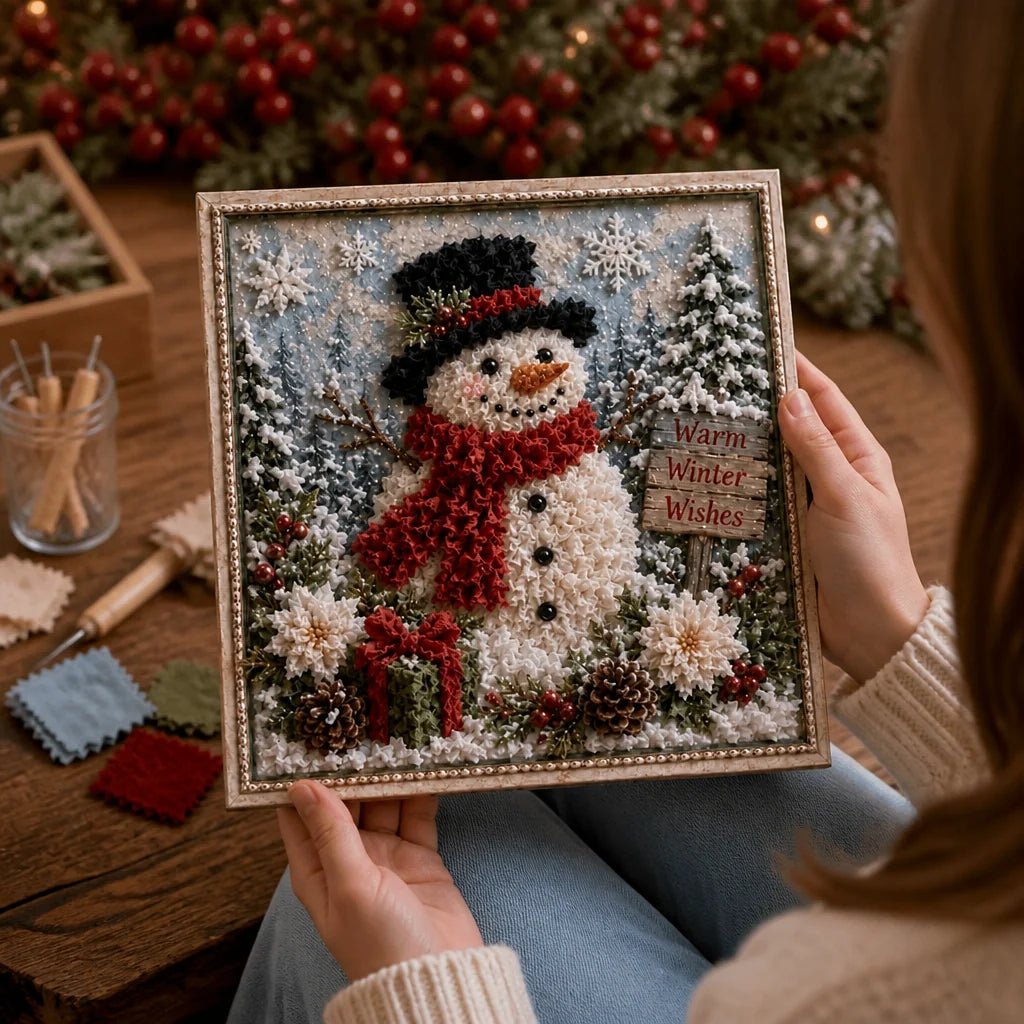 Christmas Yarn Art Kit featuring pre-punched board and wooden tool, designed with winter cottage, snowman, and cardinal motifs for festive crafting. 2