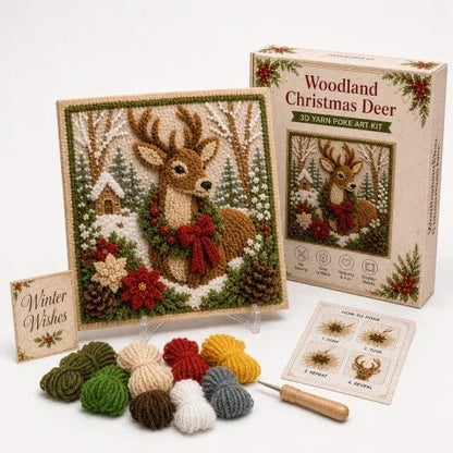Christmas Yarn Art Kit featuring pre-punched board and wooden tool, designed with winter cottage, snowman, and cardinal motifs for festive crafting. 10