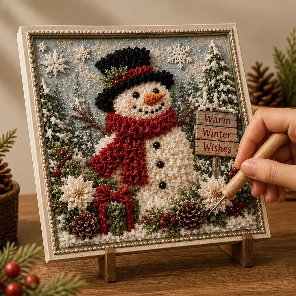 Christmas Yarn Art Kit featuring pre-punched board and wooden tool, designed with winter cottage, snowman, and cardinal motifs for festive crafting. 1