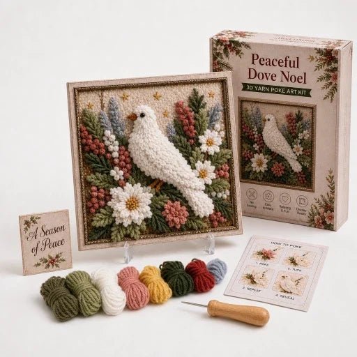 Christmas Yarn Art Kit featuring pre-punched board and wooden tool, designed with winter cottage, snowman, and cardinal motifs for festive crafting. 12