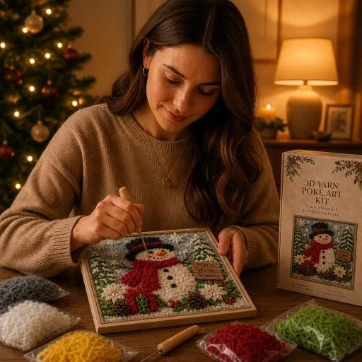 Christmas Yarn Art Kit featuring pre-punched board and wooden tool, designed with winter cottage, snowman, and cardinal motifs for festive crafting. 4