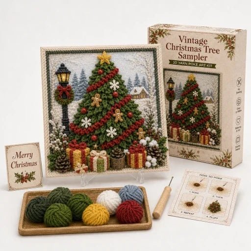 Christmas Yarn Art Kit featuring pre-punched board and wooden tool, designed with winter cottage, snowman, and cardinal motifs for festive crafting. 11