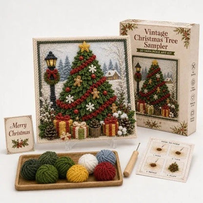 Christmas Yarn Art Kit featuring pre-punched board and wooden tool, designed with winter cottage, snowman, and cardinal motifs for festive crafting. 11