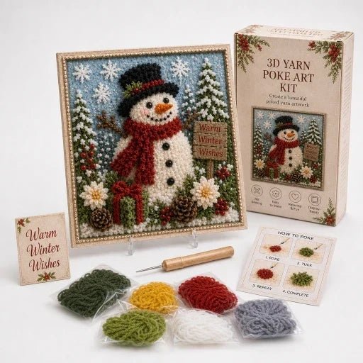 Christmas Yarn Art Kit featuring pre-punched board and wooden tool, designed with winter cottage, snowman, and cardinal motifs for festive crafting. 9