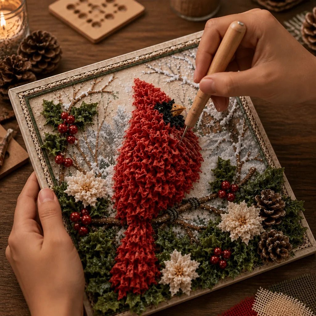 Christmas Yarn Art Kit featuring pre-punched board and wooden tool, designed with winter cottage, snowman, and cardinal motifs for festive crafting. 3