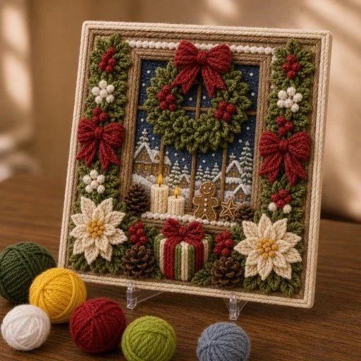 Christmas Yarn Art Kit featuring pre-punched board and wooden tool, designed with winter cottage, snowman, and cardinal motifs for festive crafting. 0