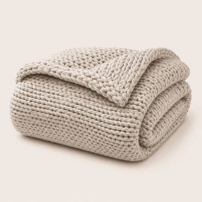 Chunky knit throw blanket in soft neutral yarn, perfect for adding warmth and style to your sofa or bed, ideal home decor accessory. 0