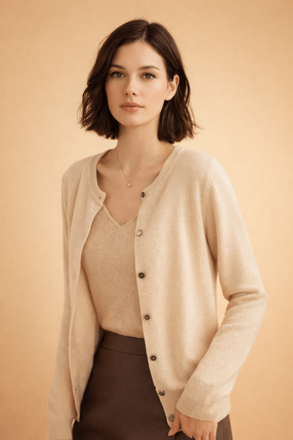 Classic women's cardigan featuring front buttons and a timeless round neck design, perfect for layering in any season. 4