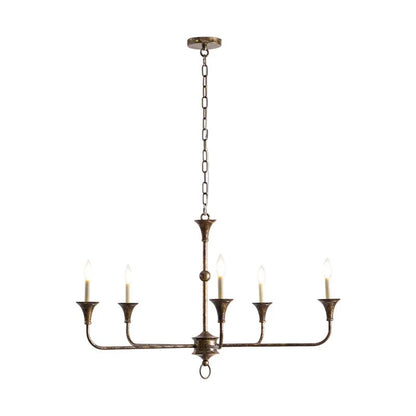 Classic chandelier light in antique brass with a candle-style design, featuring a flexible drop height, perfect for enhancing the elegance of dining rooms and entryways. 2