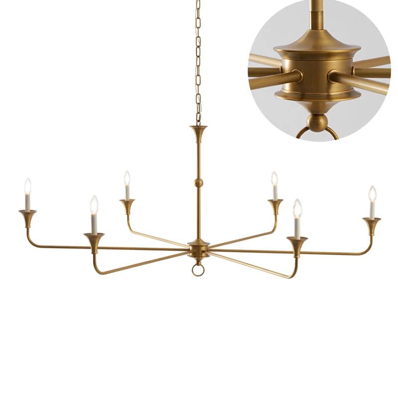 Classic chandelier light in antique brass with a candle-style design, featuring a flexible drop height, perfect for enhancing the elegance of dining rooms and entryways. 16