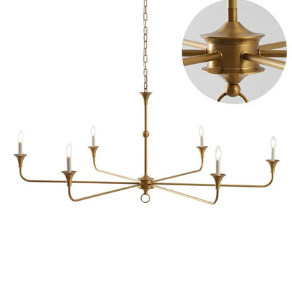 Classic chandelier light in antique brass with a candle-style design, featuring a flexible drop height, perfect for enhancing the elegance of dining rooms and entryways. 16