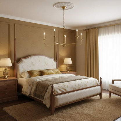 Classic chandelier light in antique brass with a candle-style design, featuring a flexible drop height, perfect for enhancing the elegance of dining rooms and entryways. 5