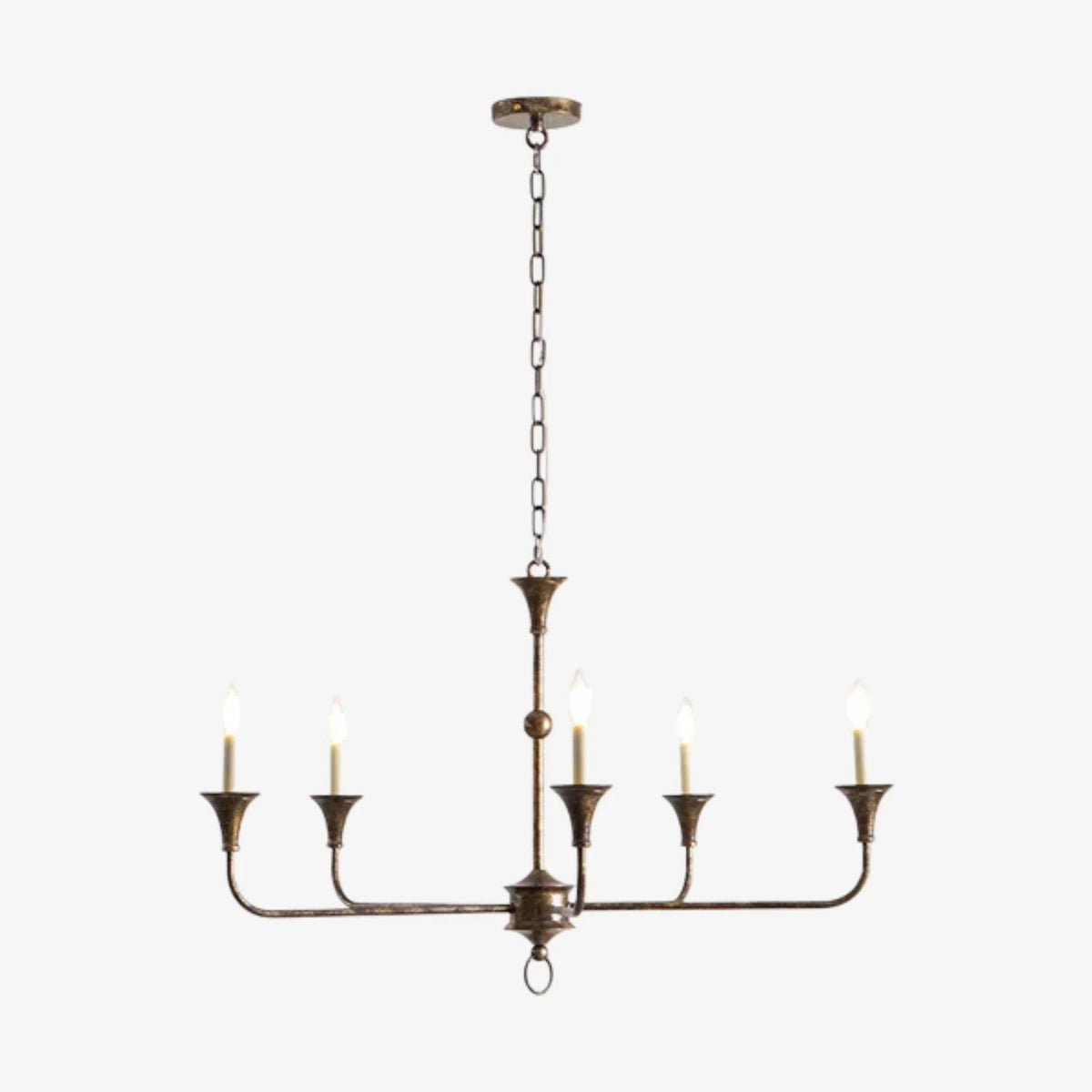 Classic chandelier light in antique brass with a candle-style design, featuring a flexible drop height, perfect for enhancing the elegance of dining rooms and entryways. 1