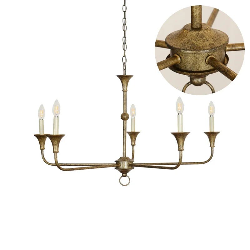 Classic chandelier light in antique brass with a candle-style design, featuring a flexible drop height, perfect for enhancing the elegance of dining rooms and entryways. 15