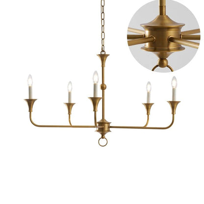 Classic chandelier light in antique brass with a candle-style design, featuring a flexible drop height, perfect for enhancing the elegance of dining rooms and entryways. 10