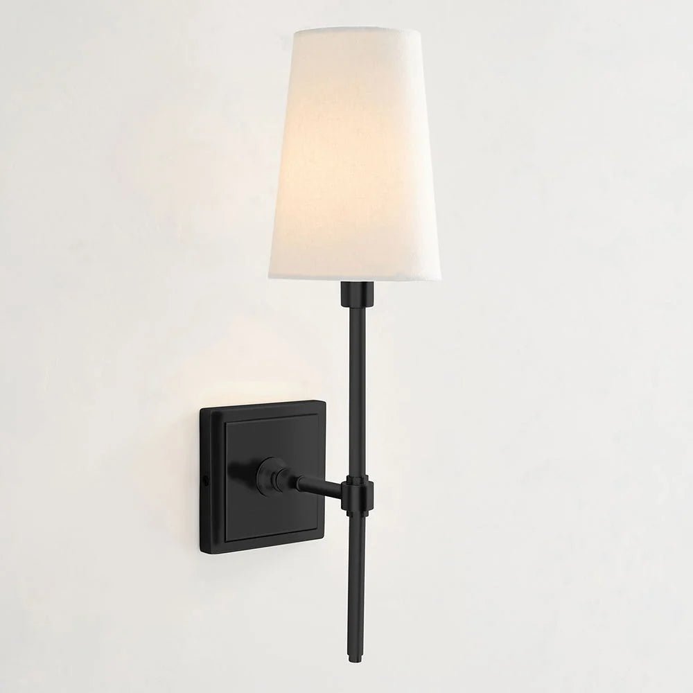 Classic wall light featuring a tapered linen shade and a dimmable function, available in elegant brass, sleek black, or modern brushed nickel finishes. 14
