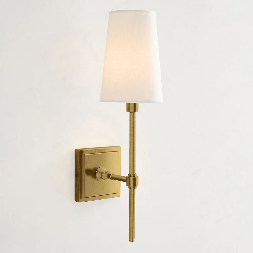 Classic wall light featuring a tapered linen shade and a dimmable function, available in elegant brass, sleek black, or modern brushed nickel finishes. 0