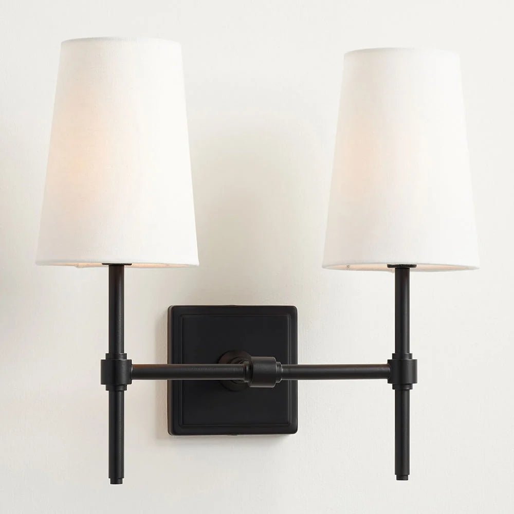 Classic wall light featuring a tapered linen shade and a dimmable function, available in elegant brass, sleek black, or modern brushed nickel finishes. 13