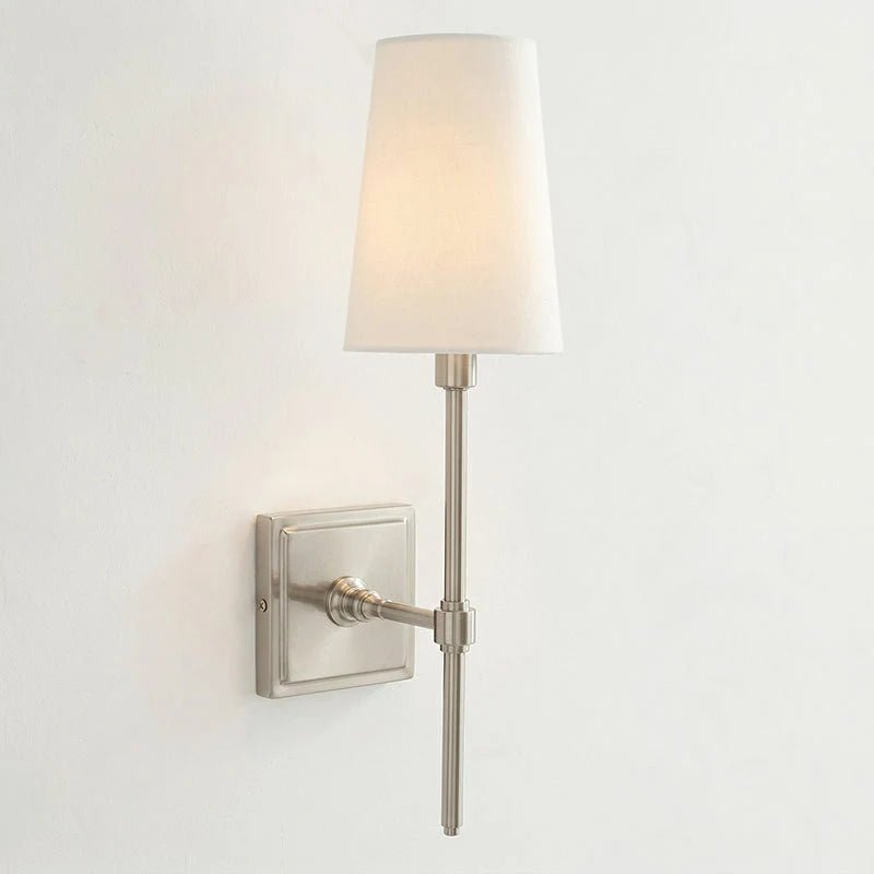 Classic wall light featuring a tapered linen shade and a dimmable function, available in elegant brass, sleek black, or modern brushed nickel finishes. 12