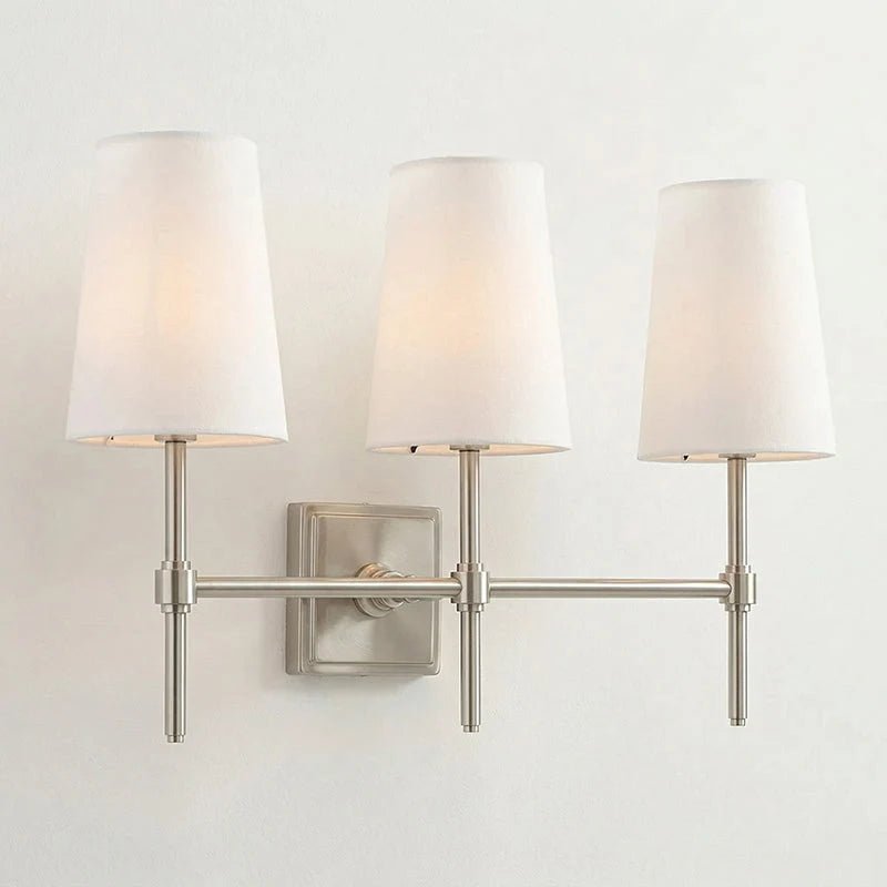 Classic wall light featuring a tapered linen shade and a dimmable function, available in elegant brass, sleek black, or modern brushed nickel finishes. 15