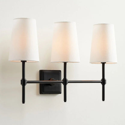 Classic wall light featuring a tapered linen shade and a dimmable function, available in elegant brass, sleek black, or modern brushed nickel finishes. 11
