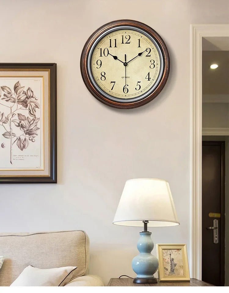 Classic wooden wall clock with an elegant design, featuring a vintage finish and Roman numerals, perfect for enhancing any interior décor. 1