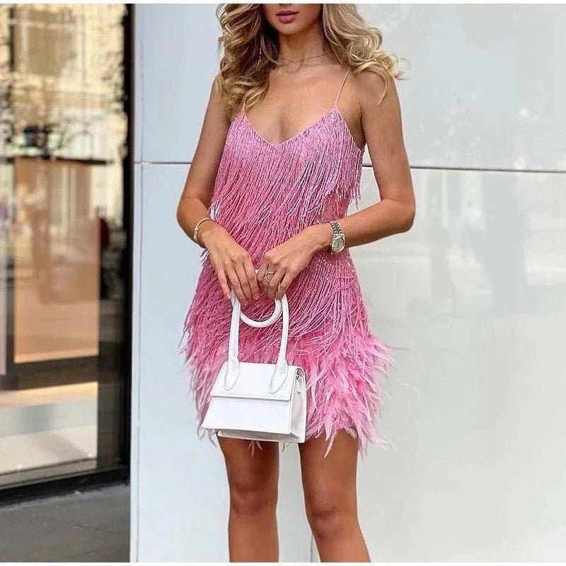Elegant black cocktail dress featuring fringes and feathers, perfect for weddings and parties, showcasing a glamorous design suitable for evening wear. 5