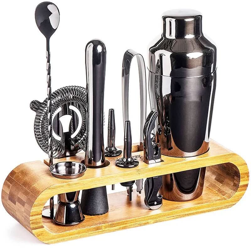 Cocktail shaker set with stand featuring 10-piece stainless steel bar tools in four elegant finishes, perfect for home bartending and cocktail enthusiasts. 10