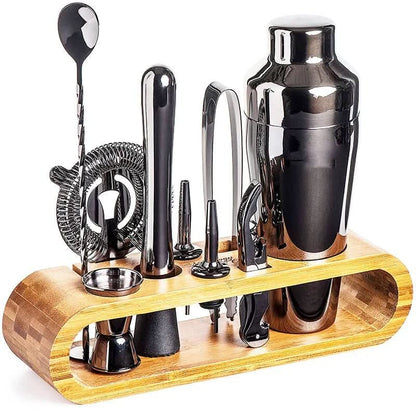 Cocktail shaker set with stand featuring 10-piece stainless steel bar tools in four elegant finishes, perfect for home bartending and cocktail enthusiasts. 10