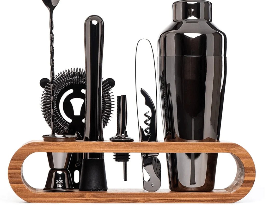 Cocktail shaker set with stand featuring 10-piece stainless steel bar tools in four elegant finishes, perfect for home bartending and cocktail enthusiasts. 7