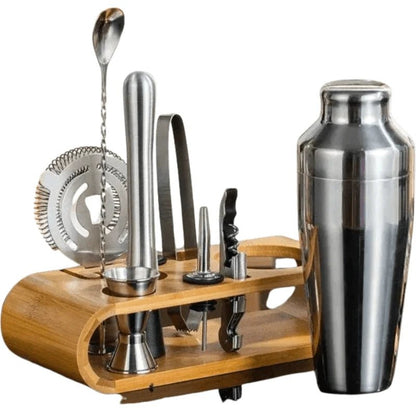 Cocktail shaker set with stand featuring 10-piece stainless steel bar tools in four elegant finishes, perfect for home bartending and cocktail enthusiasts. 0