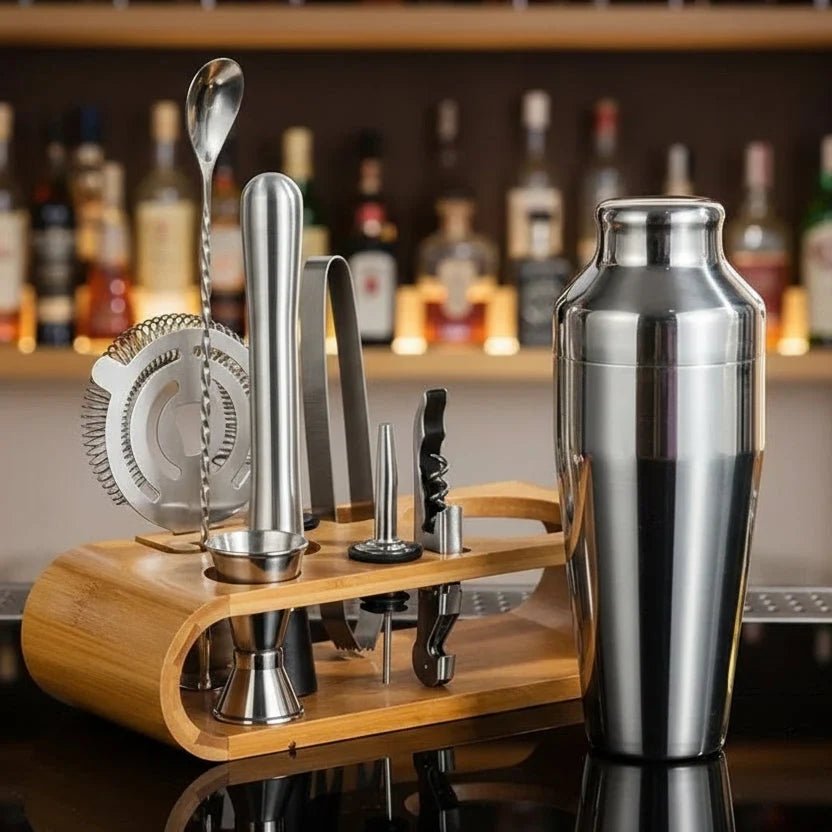 Cocktail shaker set with stand featuring 10-piece stainless steel bar tools in four elegant finishes, perfect for home bartending and cocktail enthusiasts. 2