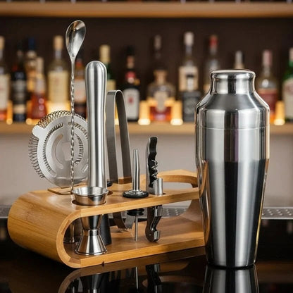 Cocktail shaker set with stand featuring 10-piece stainless steel bar tools in four elegant finishes, perfect for home bartending and cocktail enthusiasts. 2