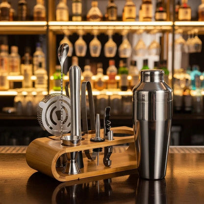 Cocktail shaker set with stand featuring 10-piece stainless steel bar tools in four elegant finishes, perfect for home bartending and cocktail enthusiasts. 3