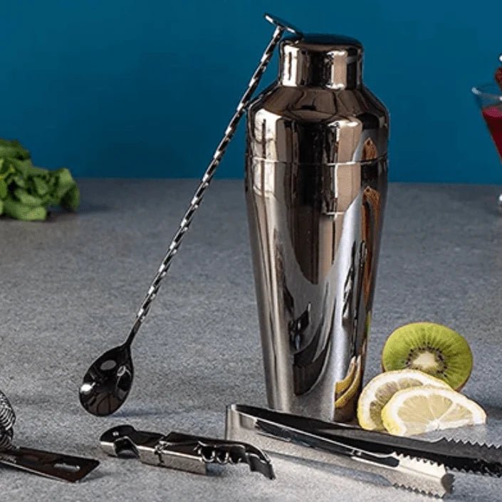 Cocktail shaker set with stand featuring 10-piece stainless steel bar tools in four elegant finishes, perfect for home bartending and cocktail enthusiasts. 4