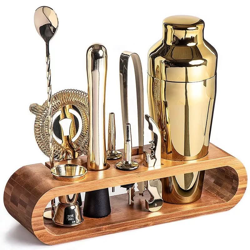 Cocktail shaker set with stand featuring 10-piece stainless steel bar tools in four elegant finishes, perfect for home bartending and cocktail enthusiasts. 9