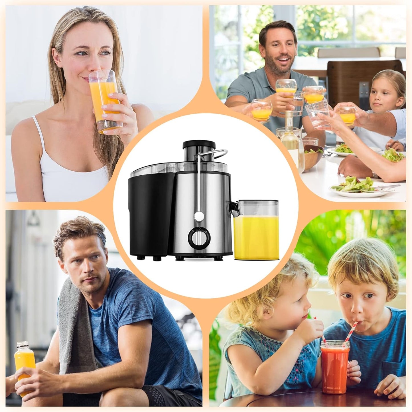 Cold press juicer machine featuring three-speed settings, made of stainless steel, designed for high juice yield and easy cleaning. 6