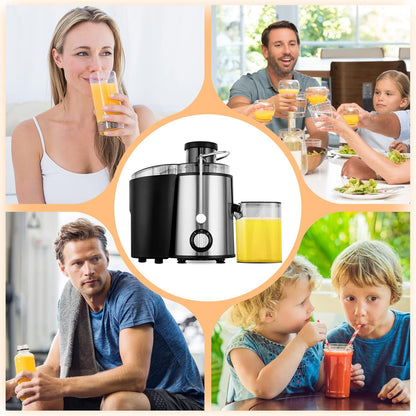 Cold press juicer machine featuring three-speed settings, made of stainless steel, designed for high juice yield and easy cleaning. 6