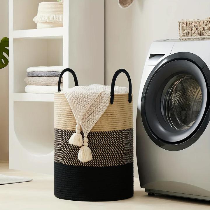 Collapsible laundry basket with a 58L capacity featuring a stylish woven cotton design in natural and black, ideal for laundry and toy storage. 6